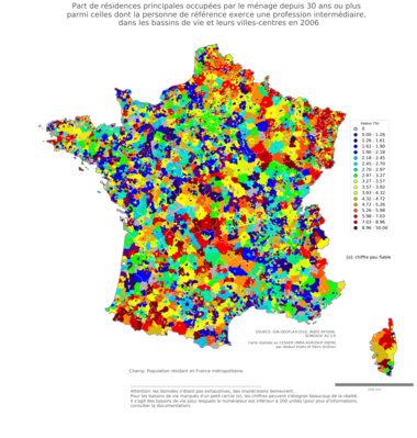 Part de résidences principales occupées par le ménage depuis 30 ans ou plus parmi celles dont la personne de référence exerce une profession intermédiaire - bv2006
Mots-clés: résidence et logement;profession;bassins de vie