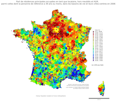 Part de résidences principales occupées en tant que locataire, hors meublés et HLM, parmi celles dont la personne de référence a 39 ans ou moins - bv2006
Mots-clés: résidence et logement;âge;conditions d-existence;classes populaires;bassins de vie