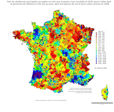 Part de résidences principales occupées en tant que locataire, hors meublés et HLM, parmi celles dont la personne de référence a 65 ans ou plus - bv2006
Mots-clés: résidence et logement;âge;conditions d-existence;bassins de vie