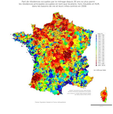 Part de résidences occupées par le ménage depuis 30 ans ou plus parmi les résidences principales occupées en tant que locataire, hors meublés et HLM - bv2006
Mots-clés: résidence et logement;conditions d-existence;bassins de vie