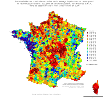 Part de résidences principales occupées par le ménage depuis 4 ans ou moins parmi les résidences principales occupées en tant que locataire, hors meublés et HLM - bv2006
Mots-clés: résidence et logement;conditions d-existence;bassins de vie