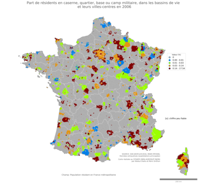 Part de résidents en caserne, quartier, base ou camp militaire - bv2006
Mots-clés: résidence et logement;conditions d-existence;conditions de travail et d-emploi;bassins de vie