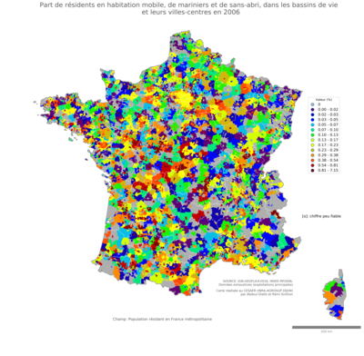 Part de résidents en habitation mobile, de mariniers et de sans'abri - bv2006
Mots-clés: résidence et logement;conditions d-existence;classes populaires;bassins de vie