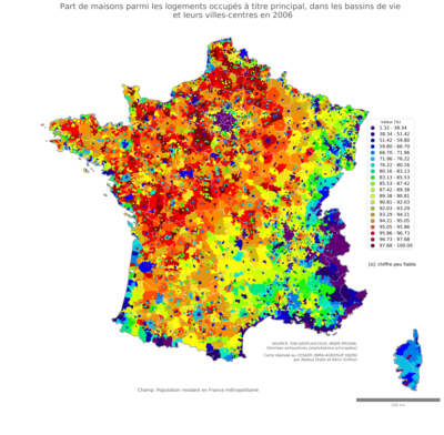 Part de maisons parmi les logements occupés à titre principal - bv2006
Mots-clés: résidence et logement;conditions d-existence;bassins de vie