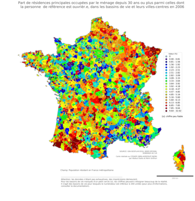 Part de résidences principales occupées par le ménage depuis 30 ans ou plus parmi celles dont la personne de référence est ouvrièr.e - bv2006
Mots-clés: résidence et logement;profession;classes populaires;bassins de vie