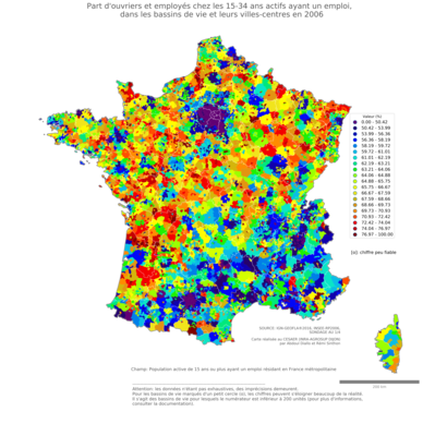 Part d'ouvriers et employés chez les 15'34 ans actifs ayant un emploi - bv2006
Mots-clés: profession;âge;classes populaires;bassins de vie