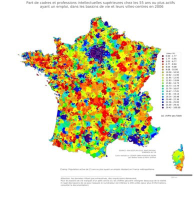 Part de cadres et professions intellectuelles supérieures chez les 55 ans ou plus actifs ayant un emploi - bv2006
Mots-clés: profession;âge;classes supérieures;bassins de vie