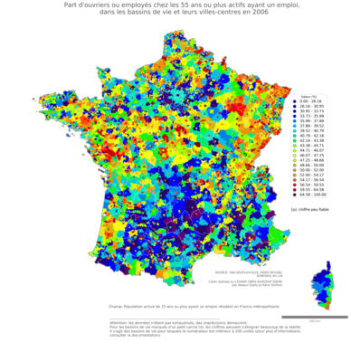 Part d'ouvriers ou employés chez les 55 ans ou plus actifs ayant un emploi - bv2006
Mots-clés: profession;âge;classes populaires;bassins de vie