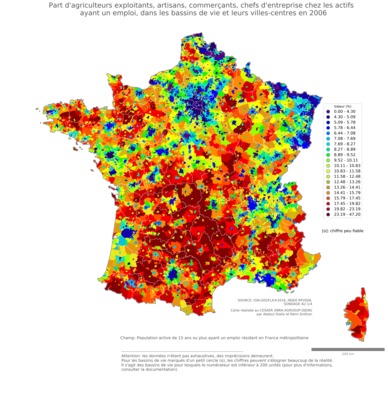 Part d'agriculteurs exploitants, artisans, commerçants, chefs d'entreprise chez les actifs ayant un emploi - bv2006
Mots-clés: profession;sexe;femmes;fonction publique ou indépendance;bassins de vie