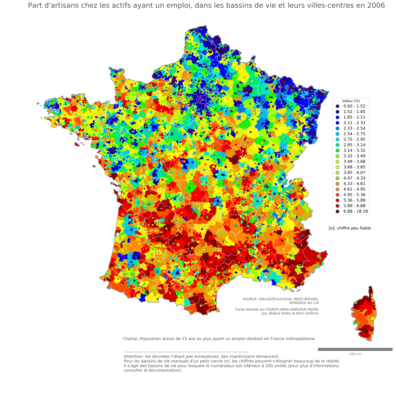 Part d'artisans chez les actifs ayant un emploi - bv2006
Mots-clés: profession;fonction publique ou indépendance;bassins de vie