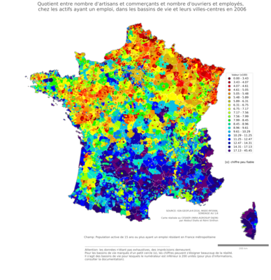 Quotient entre nombre d'artisans et commerçants et nombre d'ouvriers et employés, chez les actifs ayant un emploi - bv2006
Mots-clés: profession;sexe;femmes;fonction publique ou indépendance;bassins de vie