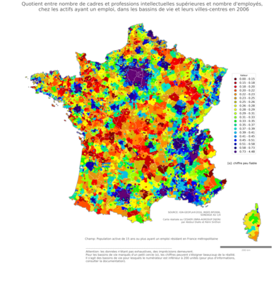 Quotient entre nombre de cadres et professions intellectuelles supérieures et nombre d'employés, chez les actifs ayant un emploi - bv2006
Mots-clés: profession;classes supérieures;classes populaires;bassins de vie