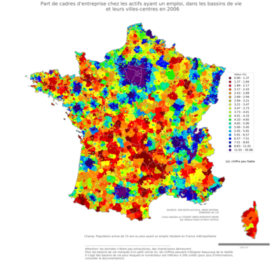 Part de cadres d'entreprise chez les actifs ayant un emploi - bv2006
Mots-clés: profession;classes supérieures;bassins de vie