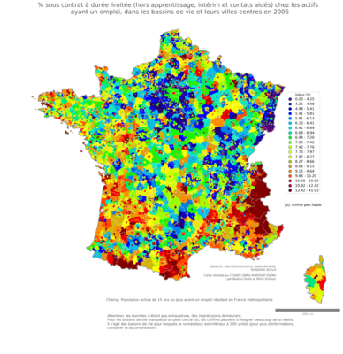 % sous contrat à durée limitée (hors apprentissage, intérim et contats aidés)  chez les actifs ayant un emploi - bv2006
Mots-clés: conditions de travail et d-emploi;bassins de vie