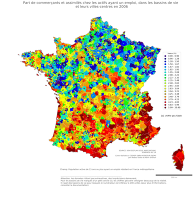 Part de commerçants et assimilés chez les actifs ayant un emploi - bv2006
Mots-clés: profession;fonction publique ou indépendance;bassins de vie