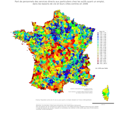 Part de personnels des services directs aux particuliers chez les actifs ayant un emploi - bv2006
Mots-clés: profession;classes populaires;bassins de vie