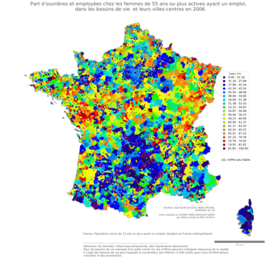 Part d'ouvrières et employées chez les femmes de 55 ans ou plus actives ayant un emploi - bv2006
Mots-clés: profession;sexe;femmes;âge;classes populaires;bassins de vie