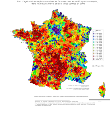 Part d'agricultrices exploitantes chez les femmes chez les actifs ayant un emploi - bv2006
Mots-clés: profession;sexe;femmes;fonction publique ou indépendance;bassins de vie