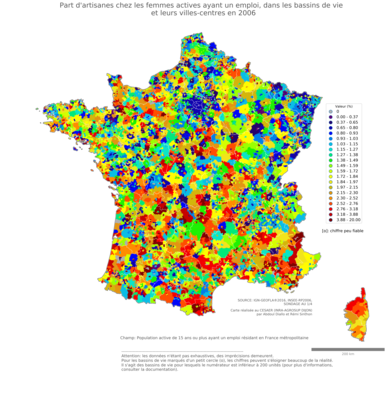 Part d'artisanes chez les femmes actives ayant un emploi - bv2006
Mots-clés: profession;sexe;femmes;fonction publique ou indépendance;bassins de vie