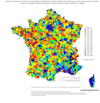 Part de cadres de la fonction publique, professions intellectuelles et artistiques chez les femmes actives ayant un emploi - bv2006
Mots-clés: profession;sexe;femmes;classes supérieures;fonction publique ou indépendance;bassins de vie