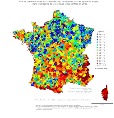 Part de commerçantes et assimilées chez les femmes actives ayant un emploi - bv2006
Mots-clés: profession;sexe;femmes;fonction publique ou indépendance;bassins de vie