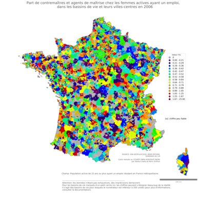 Part de contremaîtres et agents de maîtrise chez les femmes actives ayant un emploi - bv2006
Mots-clés: profession;sexe;femmes;bassins de vie