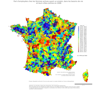 Part d'employées chez les femmes actives ayant un emploi - bv2006
Mots-clés: profession;sexe;femmes;classes populaires;bassins de vie