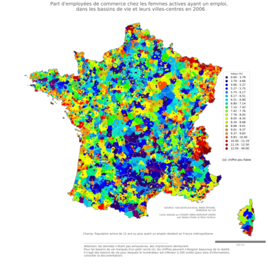 Part de professions intermédiaires administratives et commerciales des entreprises chez les hommes actifs ayant un emploi - bv2006
Mots-clés: profession;sexe;femmes;bassins de vie