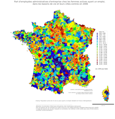 Part d'employées administratives d'entreprise chez les femmes actives ayant un emploi - bv2006
Mots-clés: profession;sexe;femmes;classes populaires;bassins de vie