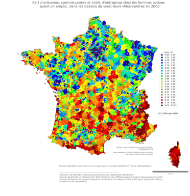 Part d'artisanes, commerçantes et chefs d'entreprise chez les femmes actives ayant un emploi - bv2006
Mots-clés: profession;sexe;femmes;fonction publique ou indépendance;bassins de vie