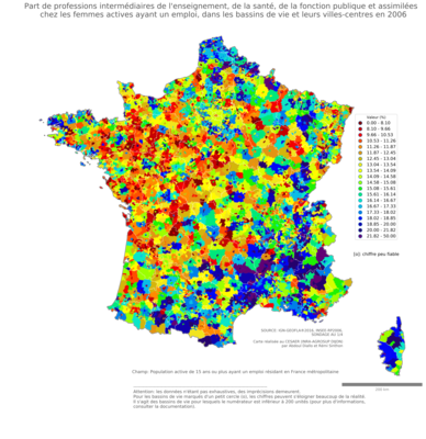 Part de professions intermédiaires de l'enseignement, de la santé, de la fonction publique et assimilées chez les femmes actives ayant un emploi - bv2006
Mots-clés: profession;sexe;femmes;fonction publique ou indépendance;bassins de vie