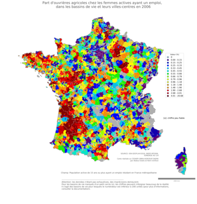 Part d'ouvrières agricoles chez les femmes actives ayant un emploi - bv2006
Mots-clés: profession;sexe;femmes;classes populaires;bassins de vie