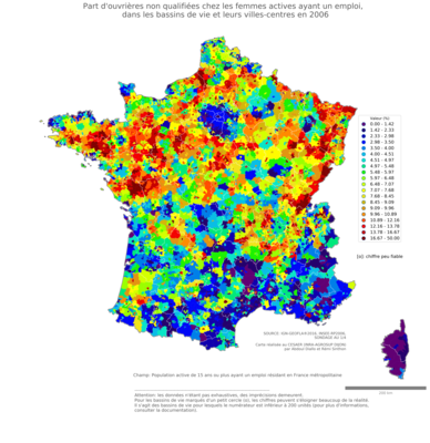 Part d'ouvrières non qualifiées chez les femmes actives ayant un emploi - bv2006
Mots-clés: profession;sexe;femmes;classes populaires;bassins de vie