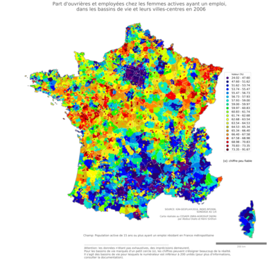 Part d'ouvrières et employées chez les femmes actives ayant un emploi - bv2006
Mots-clés: profession;sexe;femmes;classes populaires;bassins de vie