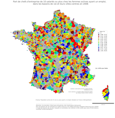 Part de chefs d'entreprise de 10 salariés ou plus chez les femmes actives ayant un emploi - bv2006
Mots-clés: profession;sexe;femmes;classes supérieures;fonction publique ou indépendance;bassins de vie