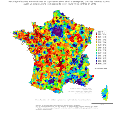 Part de professions intermédiaires et supérieures (hors chefs d'entreprise) chez les femmes actives ayant un emploi - bv2006
Mots-clés: profession;sexe;femmes;classes supérieures;bassins de vie