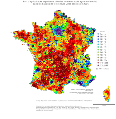 Part d'agriculteurs exploitants chez les hommes actifs ayant un emploi - bv2006
Mots-clés: profession;sexe;hommes;fonction publique ou indépendance;bassins de vie