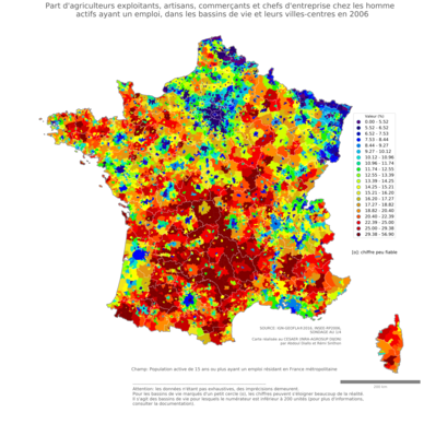 Part d'agriculteurs exploitants, artisans, commerçants et chefs d'entreprise chez les homme actifs ayant un emploi - bv2006
Mots-clés: profession;sexe;hommes;fonction publique ou indépendance;bassins de vie