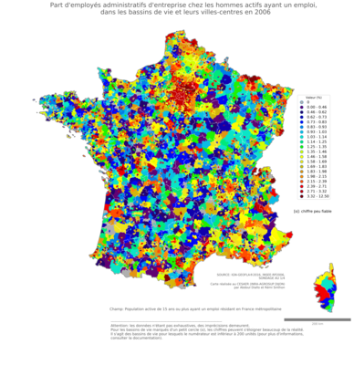 Part d'employés administratifs d'entreprise chez les hommes actifs ayant un emploi - bv2006
Mots-clés: profession;sexe;femmes;classes populaires;bassins de vie