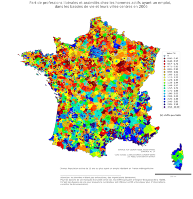 Part de professions libérales et assimilés chez les hommes actifs ayant un emploi - bv2006
Mots-clés: profession;sexe;femmes;classes supérieures;bassins de vie