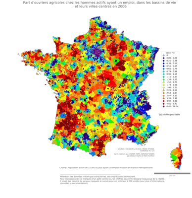 Part d'ouvriers agricoles chez les hommes actifs ayant un emploi - bv2006
Mots-clés: profession;sexe;femmes;classes populaires;bassins de vie