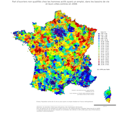 Part d'ouvriers non qualifiés chez les hommes actifs ayant un emploi - bv2006
Mots-clés: profession;sexe;femmes;classes populaires;bassins de vie