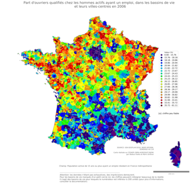 Part d'ouvriers qualifiés chez les hommes actifs ayant un emploi - bv2006
Mots-clés: profession;sexe;femmes;classes populaires;bassins de vie