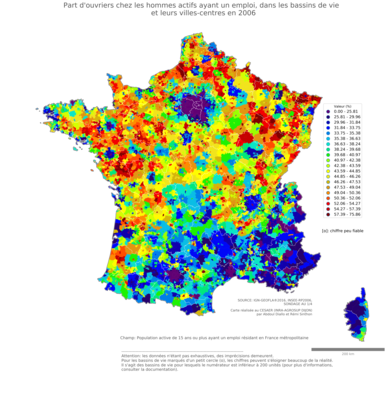 Part d'ouvriers chez les hommes actifs ayant un emploi - bv2006
Mots-clés: profession;sexe;hommes;classes populaires;bassins de vie