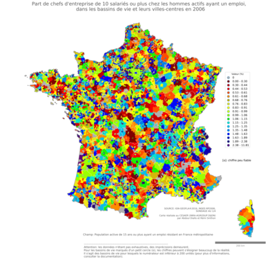 Part de chefs d'entreprise de 10 salariés ou plus chez les hommes actifs ayant un emploi - bv2006
Mots-clés: profession;sexe;femmes;classes supérieures;fonction publique ou indépendance;bassins de vie