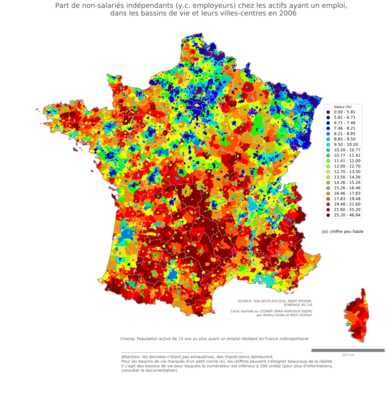 Part d'artisans, commerçants et chefs d'entreprise chez les actifs ayant un emploi - bv2006
Mots-clés: profession;sexe;femmes;fonction publique ou indépendance;bassins de vie