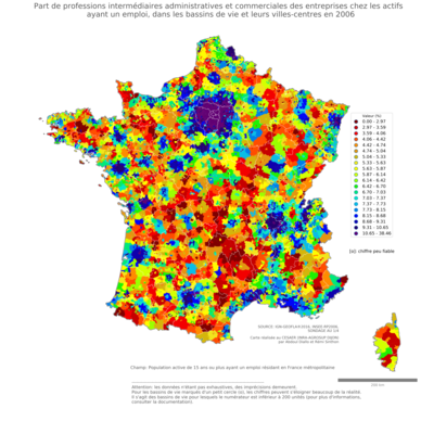 Part de professions intermédiaires administratives et commerciales des entreprises chez les actifs ayant un emploi - bv2006
Mots-clés: profession;bassins de vie