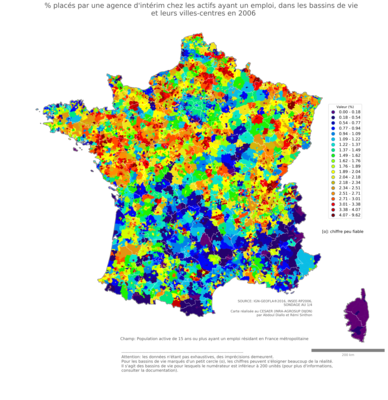 % placés par une agence d'intérim chez les actifs ayant un emploi - bv2006
Mots-clés: conditions de travail et d-emploi;classes populaires;bassins de vie