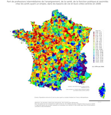 Part de professions intermédiaires de l'enseignement, de la santé, de la fonction publique et assimilés chez les actifs ayant un emploi - bv2006
Mots-clés: profession;fonction publique ou indépendance;bassins de vie