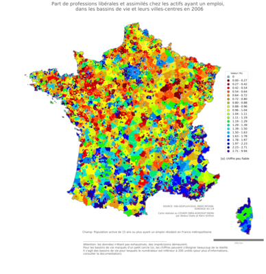 Part de professions libérales et assimilés chez les actifs ayant un emploi - bv2006
Mots-clés: profession;classes supérieures;bassins de vie